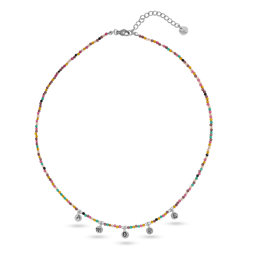 Collana con cristalli multicolor e iniziale in acciaio