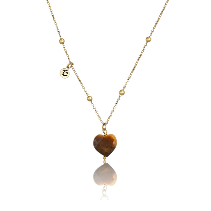 Collana con cuore in occhio di tigre e iniziale su acciaio dorato