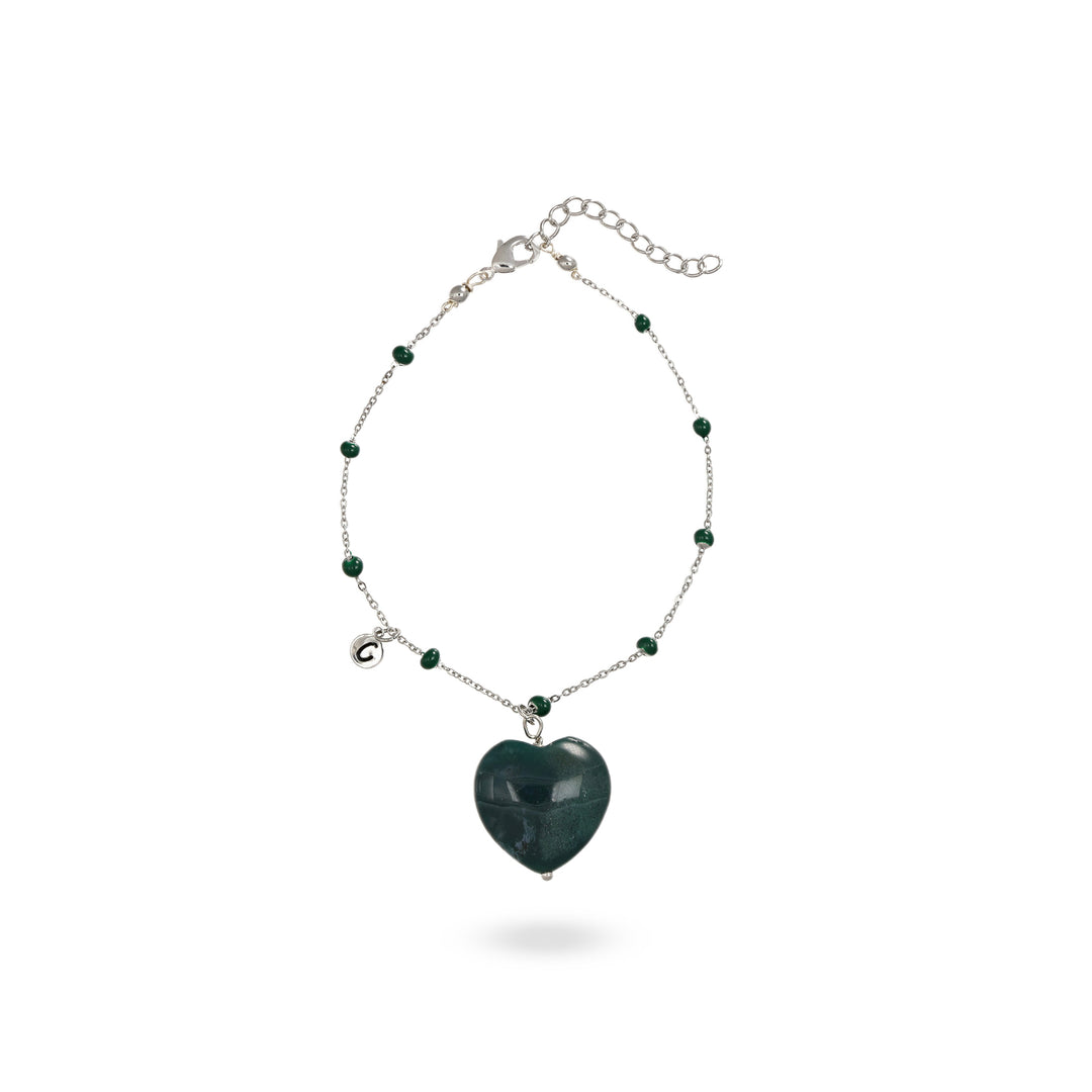 Bracciale con cuore bombato in agata muschiata su catena con pallini verdi in acciaio
