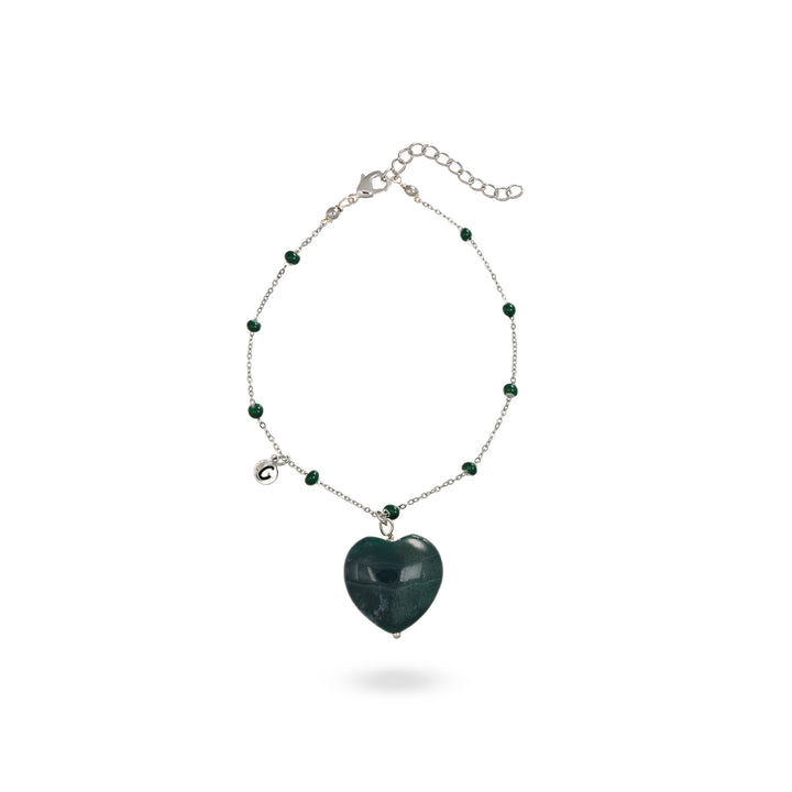 Bracciale con cuore bombato in agata muschiata su catena con pallini verdi in acciaio