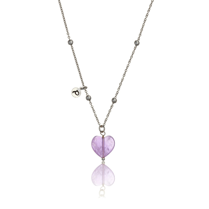 Collana con cuore in ametista e iniziale su acciaio