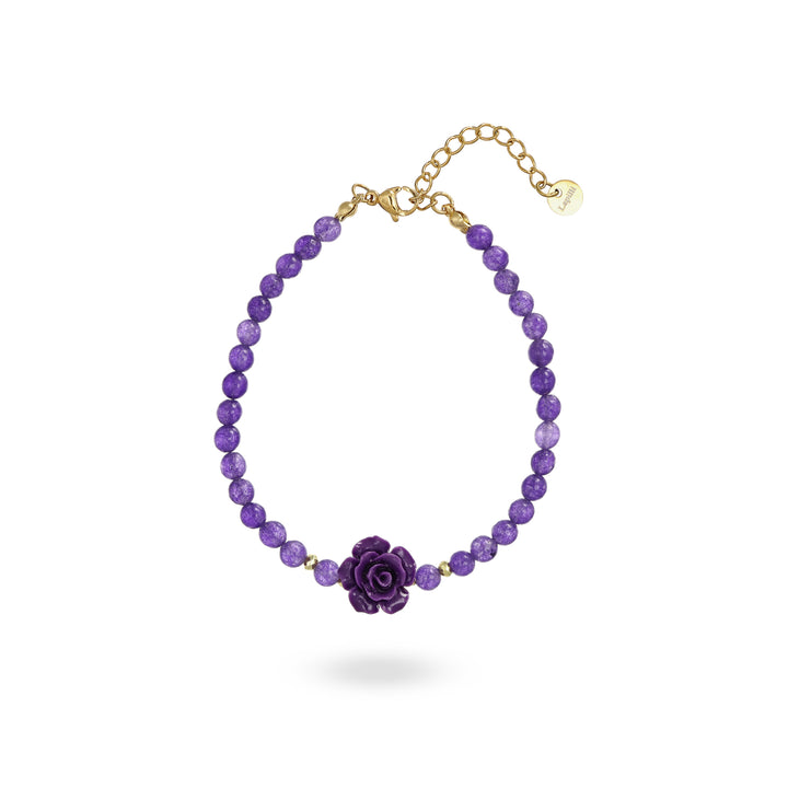 Bracciale in ametista con rosa viola su acciaio dorato