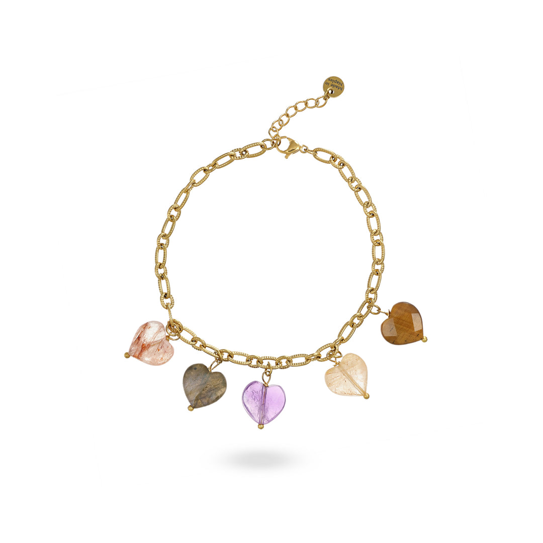 Bracciale con cuori in pietra dura su acciaio dorato