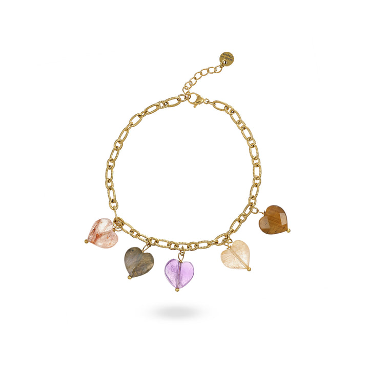 Bracciale con cuori in pietra dura su acciaio dorato