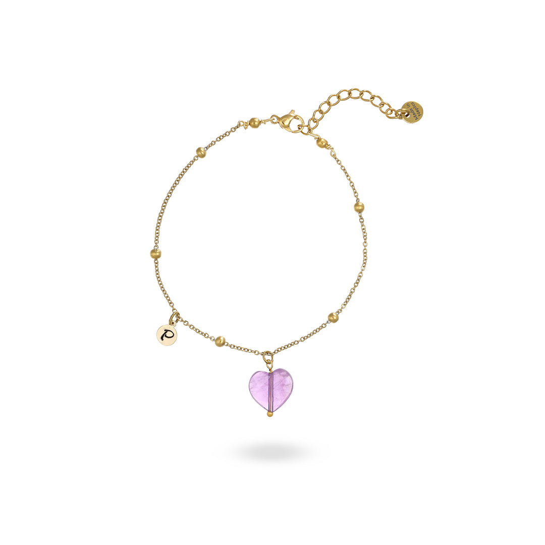 Bracciale con cuore in ametista e iniziale su acciaio dorato