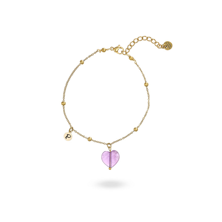 Bracciale con cuore in ametista e iniziale su acciaio dorato