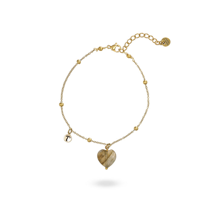 Bracciale con cuore in labradorite e iniziale su acciaio dorato