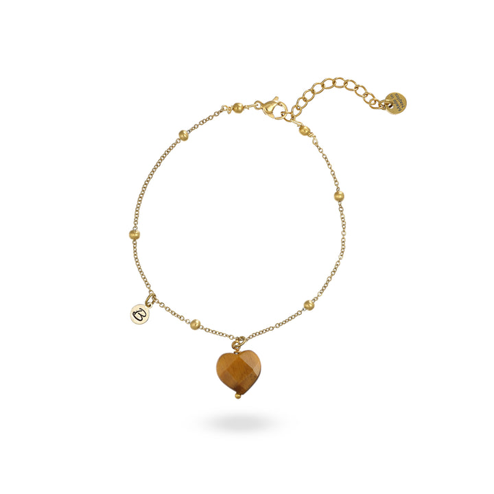 Bracciale con cuore in occhio di tigre e iniziale su acciaio dorato