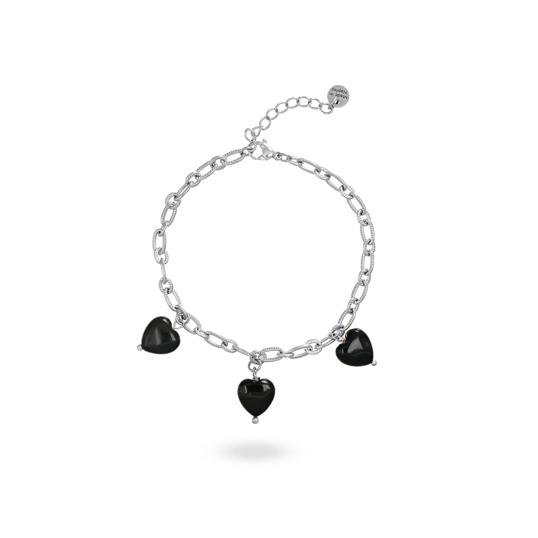 Bracciale con cuori in onice nero su acciaio