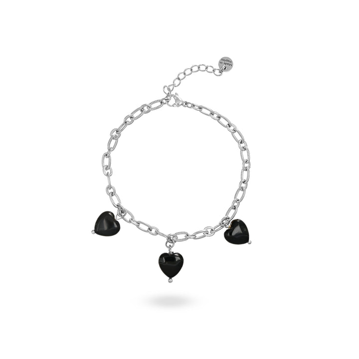 Bracciale con cuori in onice nero su acciaio