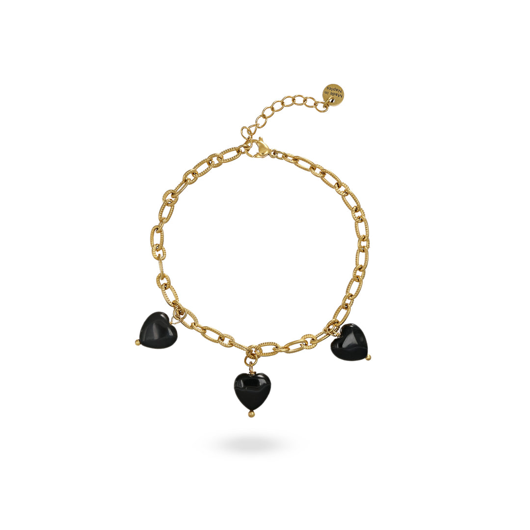 Bracciale con cuori in onice nero su acciaio dorato