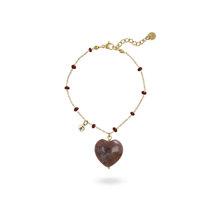 Bracciale con cuore  bombato in agata vinaccia su catena con pallini bordò in acciaio dorato