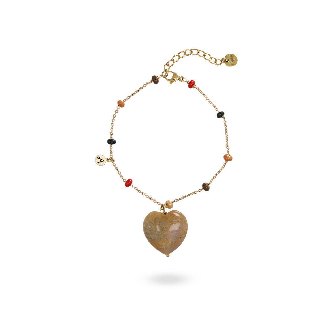 Bracciale con cuore  bombato in agata muschiato su catena con pallini mulicolor in acciaio dorato