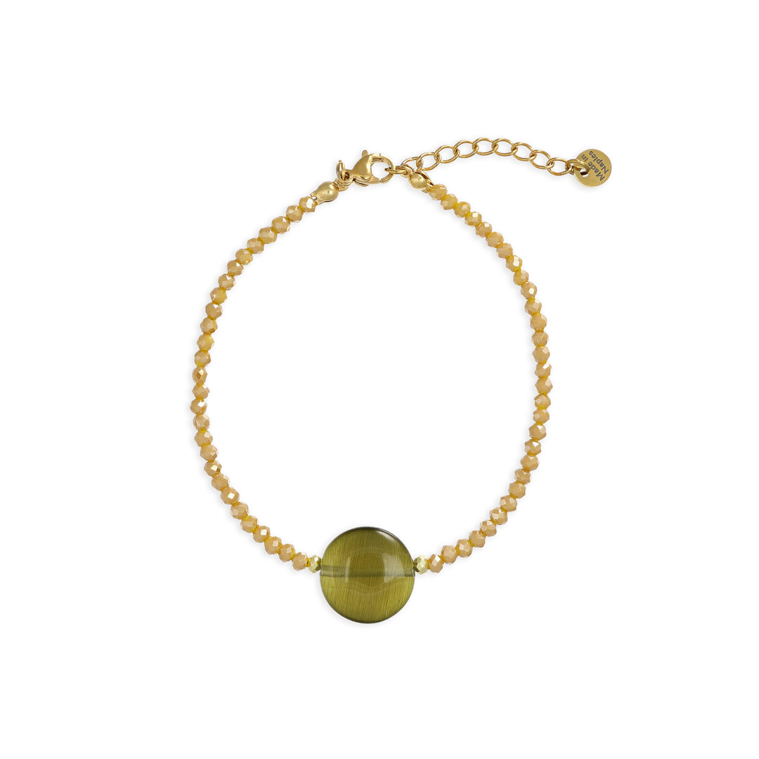 Bracciale con cristalli senape e centrale in occhio di gatto su acciaio dorato