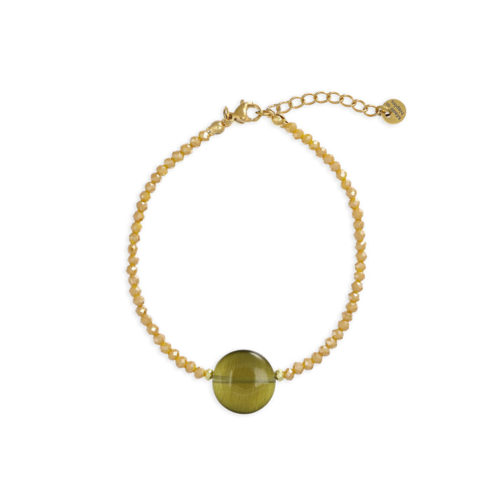 Bracciale con cristalli senape e centrale in occhio di gatto su acciaio dorato