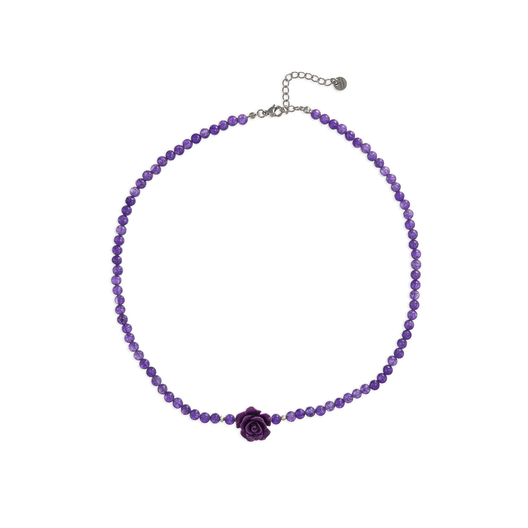Collana in ametista con rosa viola su acciaio