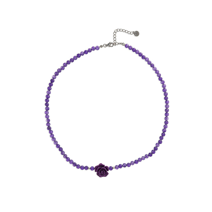 Collana in ametista con rosa viola su acciaio