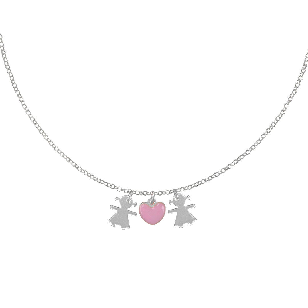 Collana con bimbe e cuore rosa in argento 925‰ rodiato