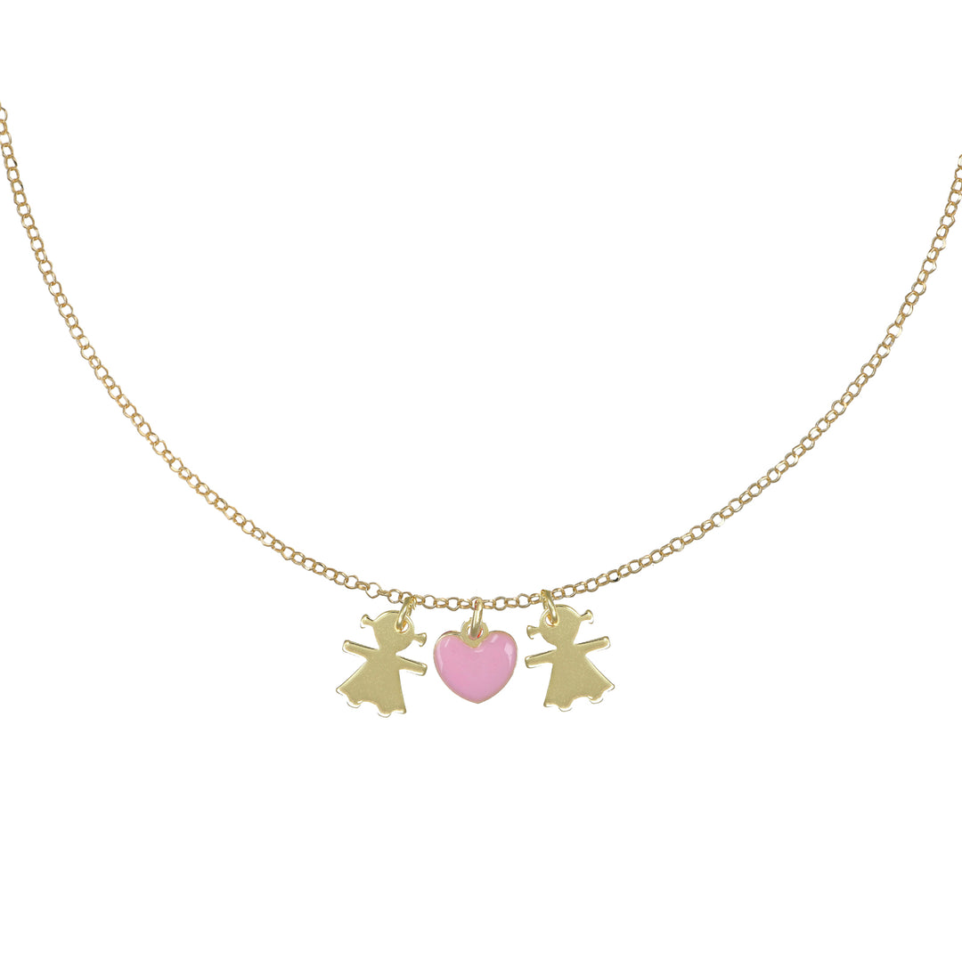 Collana con bimbe e cuore rosa in argento 925‰ dorato