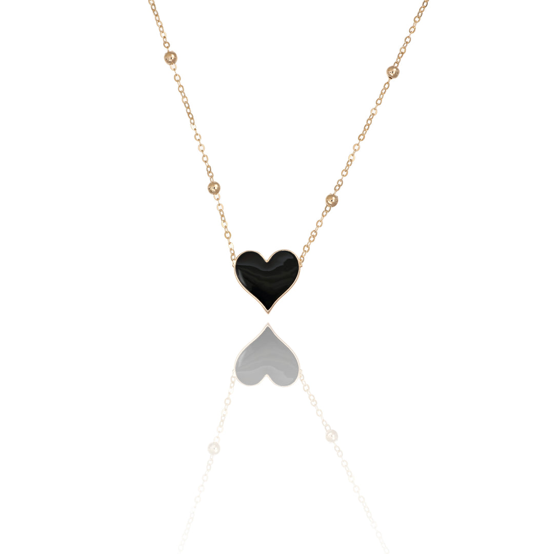 Collana cuore nero e catena a pallini in ottone dorato