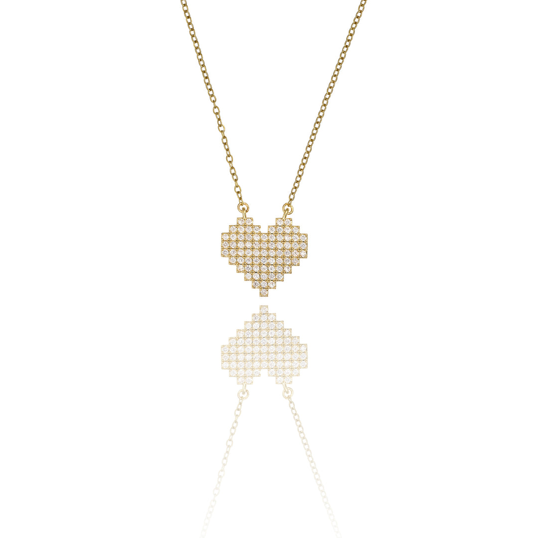 Collana cuore pixel con cristalli in acciaio dorato