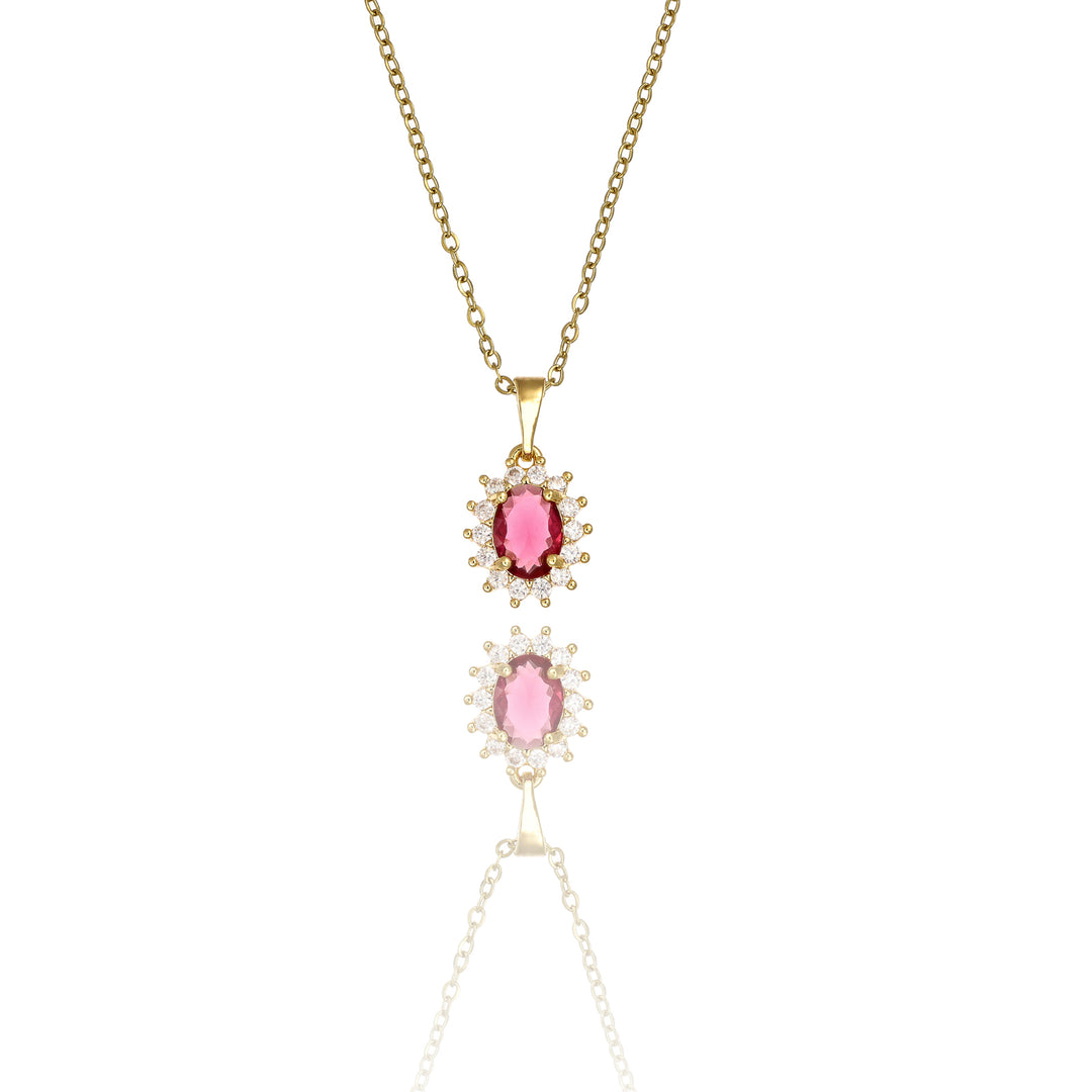 Collana rosetta centrale rubino con cristalli in acciaio dorato