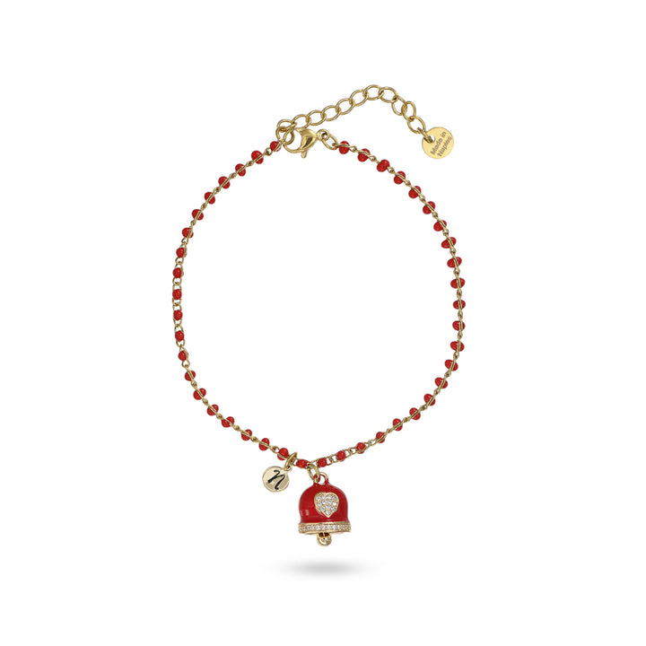 Bracciale con campanella rossa e iniziale in ottone dorato