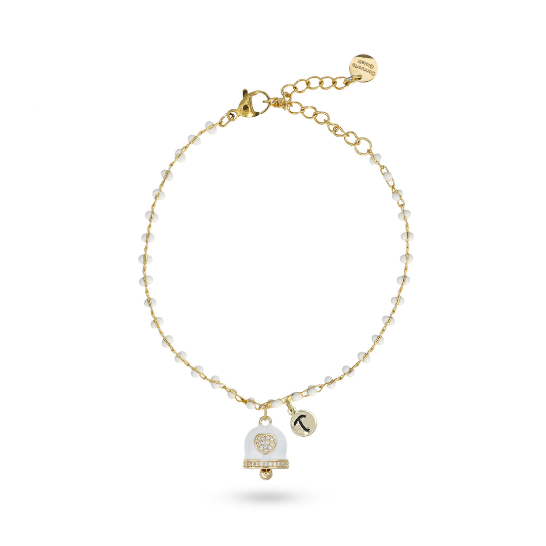 Bracciale con campanella bianca e iniziale in ottone dorato