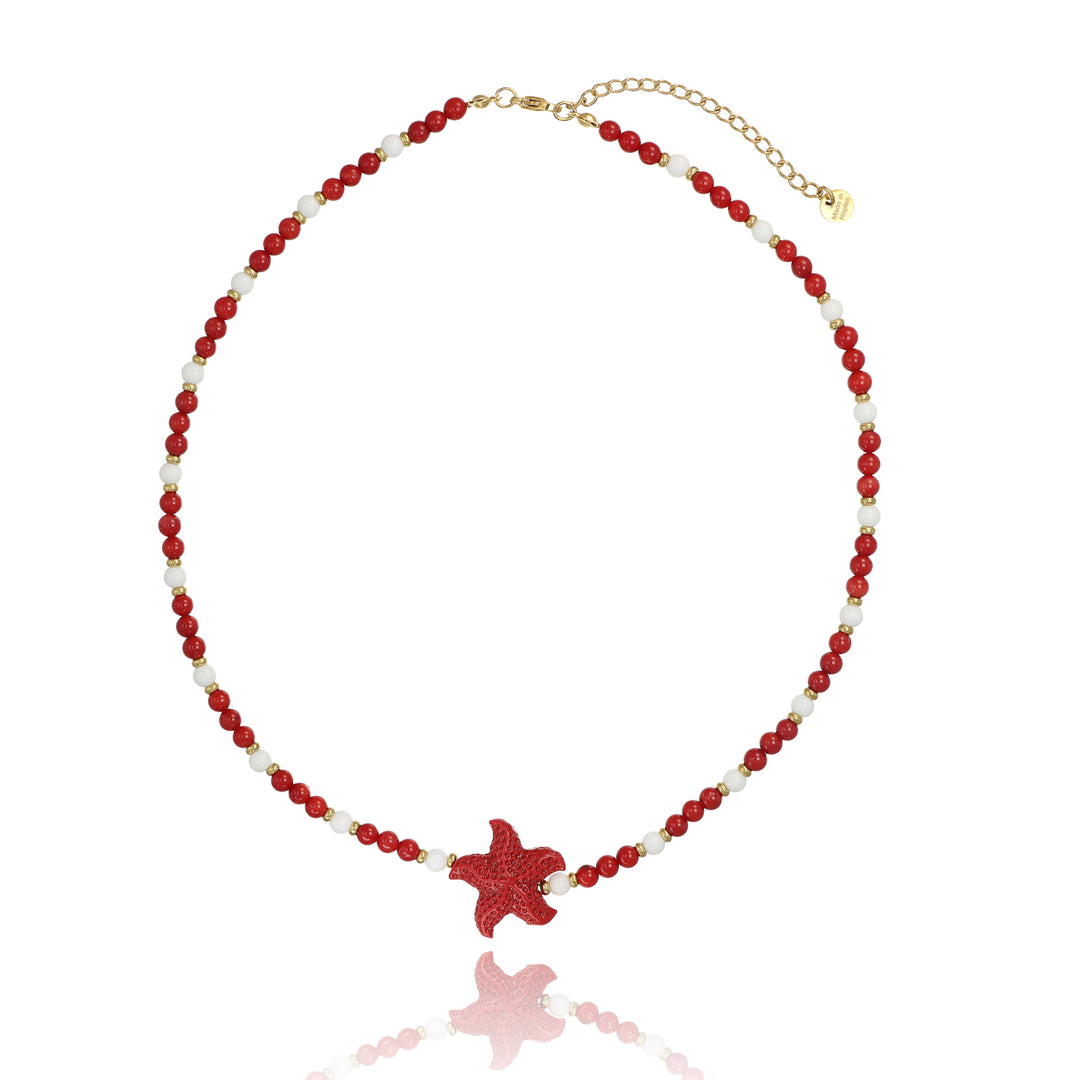 Collana in bambù rosso e agata bianca con stella in acciaio dorato