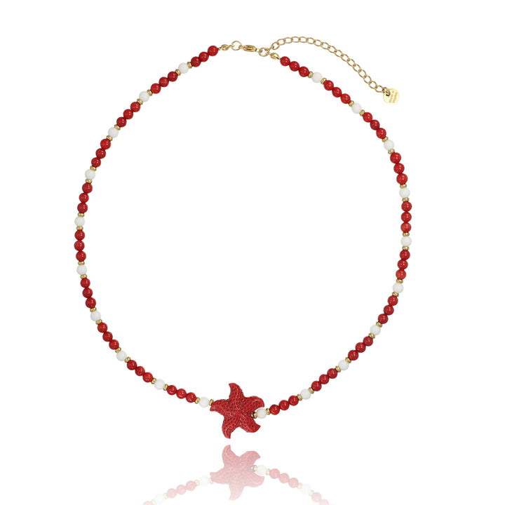 Collana in bambù rosso e agata bianca con stella in acciaio dorato