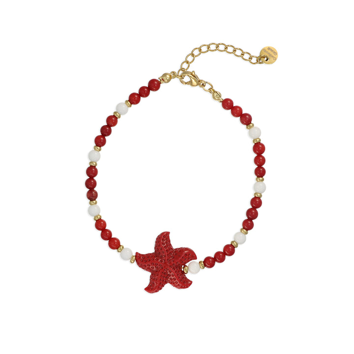 Bracciale in bambù rosso e agata bianca con stella in acciaio dorato