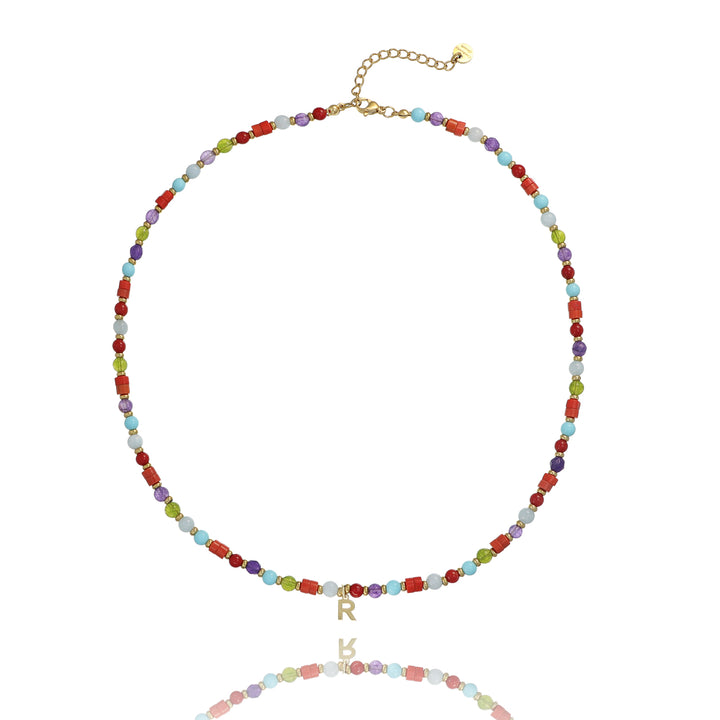 Collana pietre dure multicolor con iniziale in argento 925‰ dorato