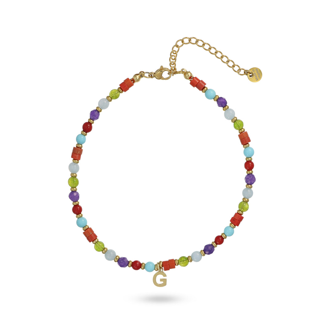 Cavigliera pietre dure multicolor con iniziale in argento 925‰ dorato