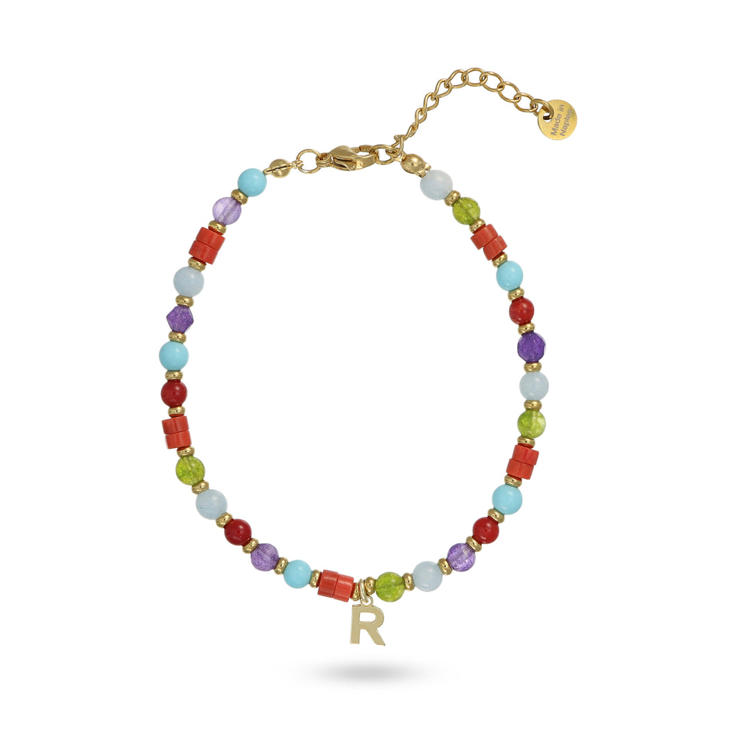 Bracciale pietre dure multicolor con iniziale in argento 925‰ dorato