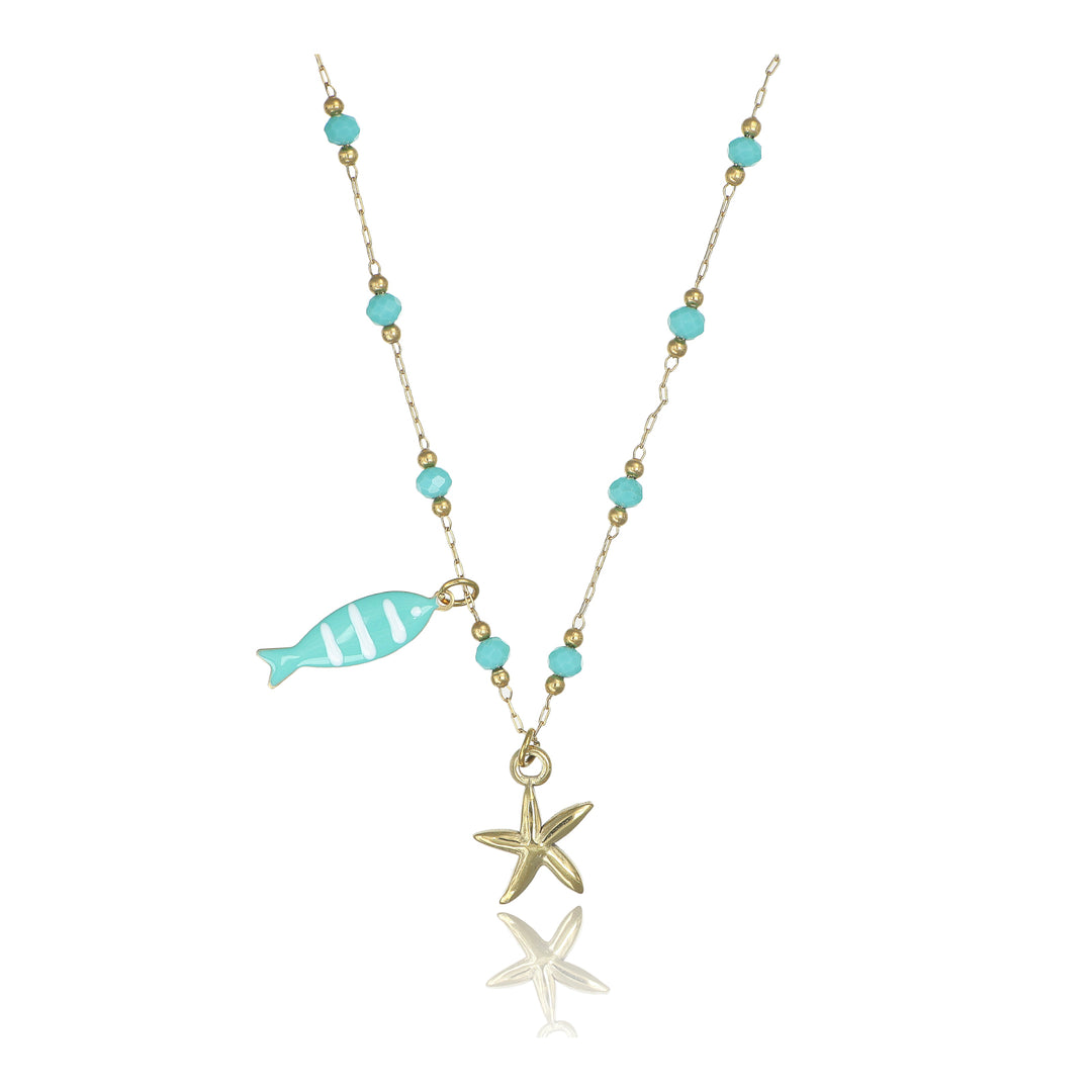 Collana pesciolino e stellina turchese in acciaio dorato