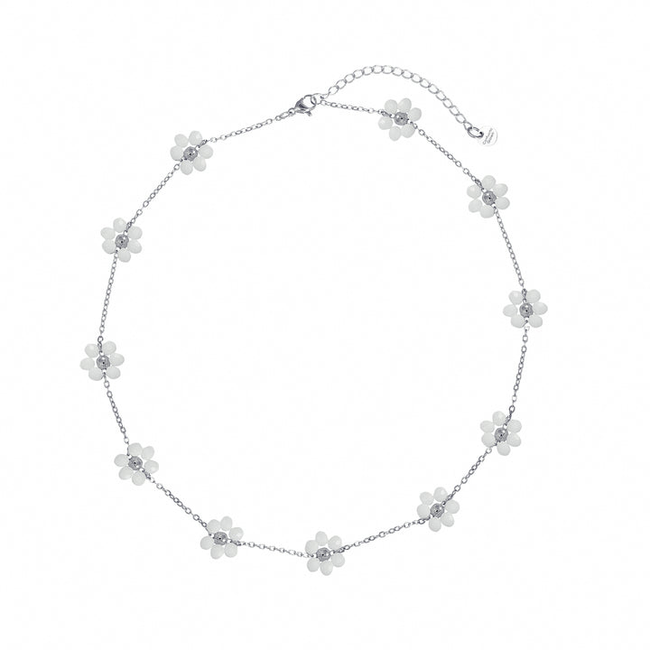 Collana con fiori di cristallo bianco in acciaio