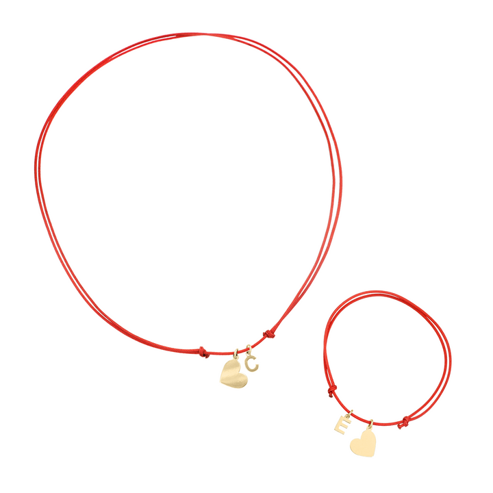 Completo collana e bracciale cordino rosso con iniziale e cuore in argento 925‰ dorato