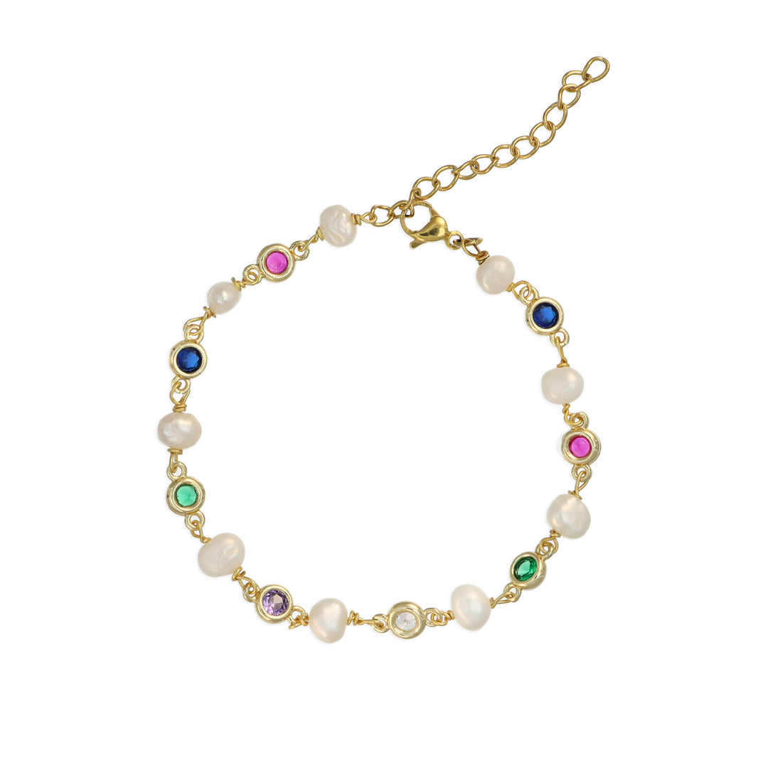 Bracciale con perle di fiume e cristalli multicolor in ottone dorato