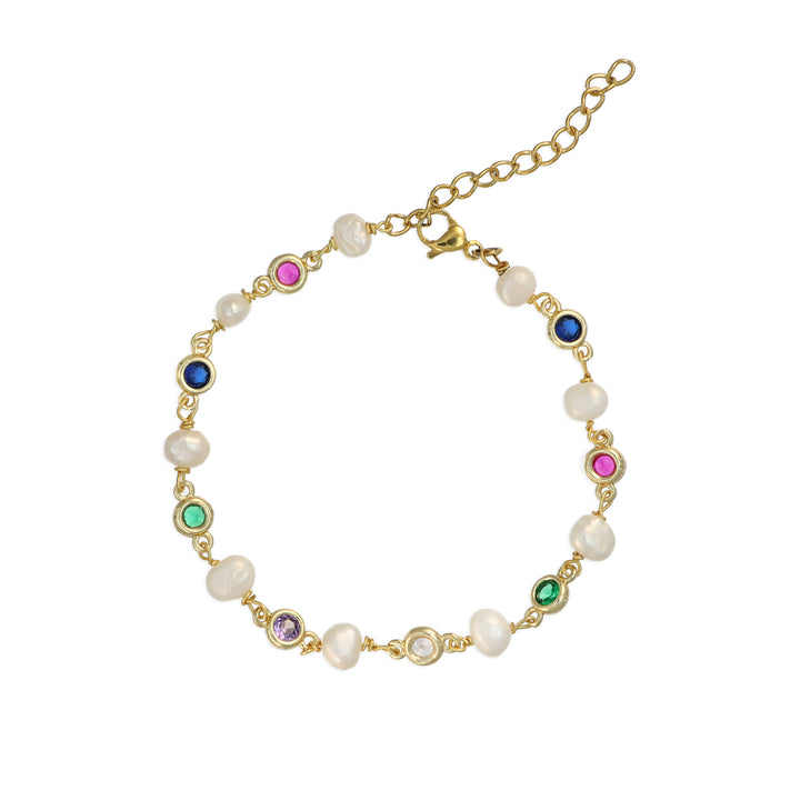 Bracciale con perle di fiume e cristalli multicolor in ottone dorato