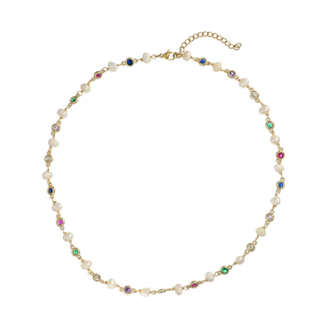 Collana con perle di fiume e cristalli multicolor in ottone dorato