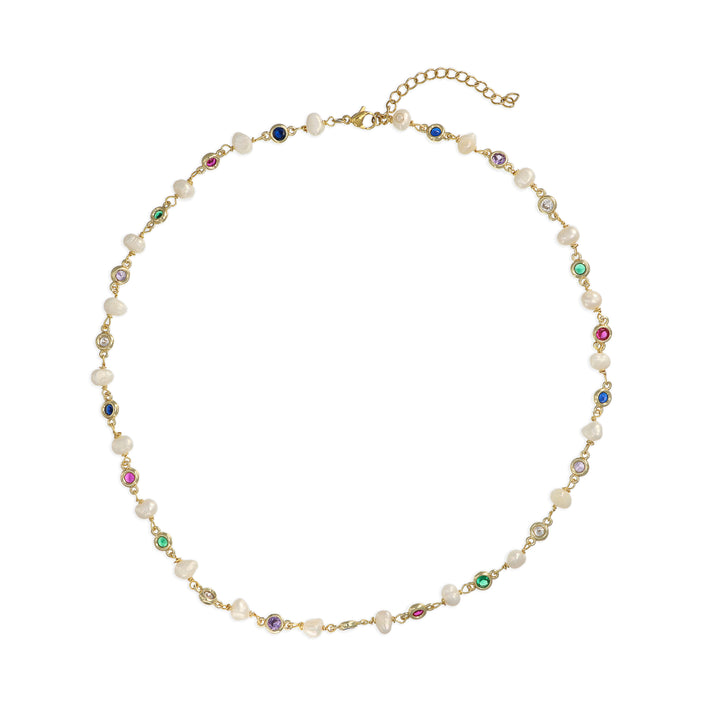 Collana con perle di fiume e cristalli multicolor in ottone dorato