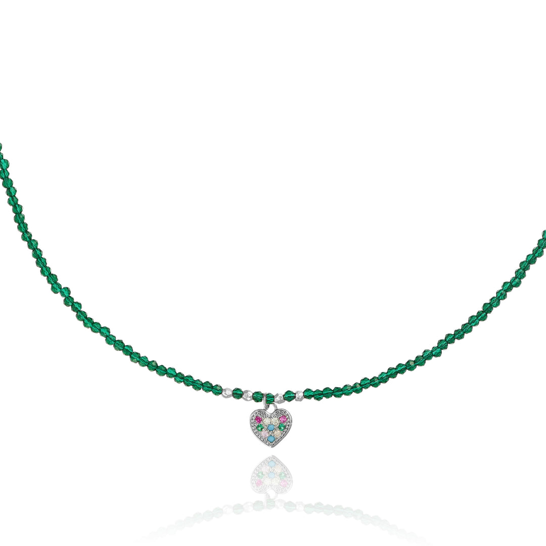 Collana con cristalli verdi e cuoricino zirconato in acciaio