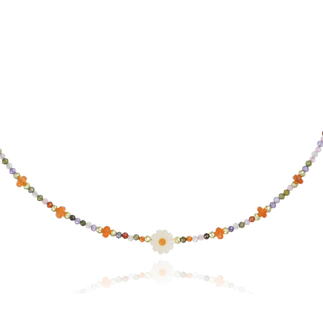 Collana con centrale margherita e corniola in acciaio dorato