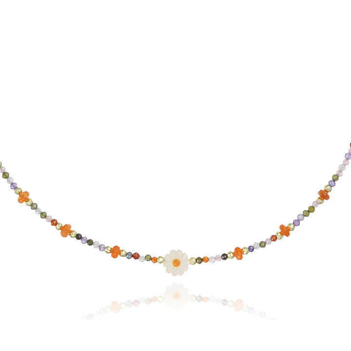 Collana con centrale margherita e corniola in acciaio dorato