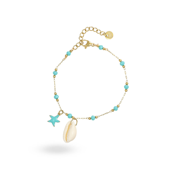 Bracciale conchiglia e stellina smaltata turchese in acciaio dorato