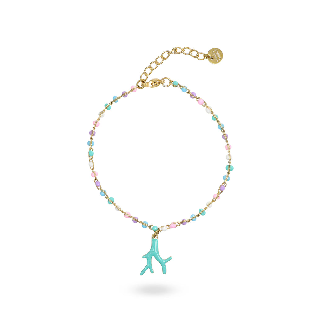 Bracciale corallo turchese su catena smaltata in acciaio dorato