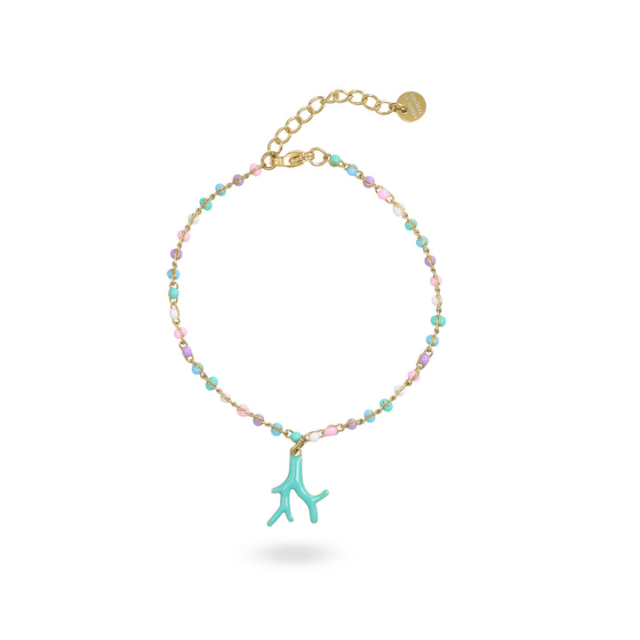 Bracciale corallo turchese su catena smaltata in acciaio dorato