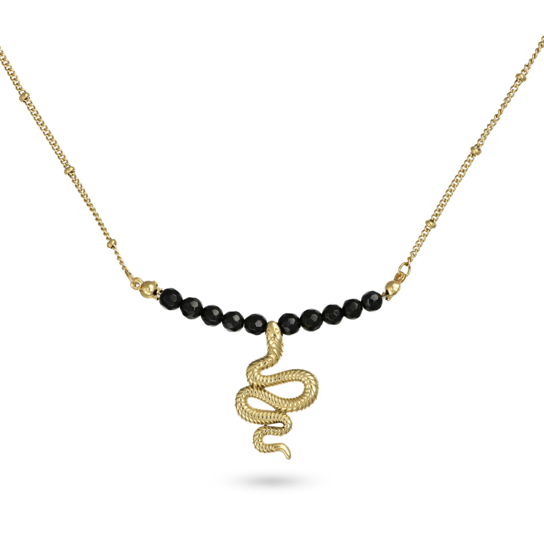 Collana con serpente e onice nero in acciaio dorato