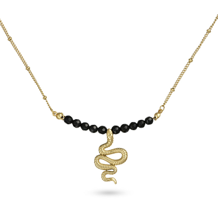 Collana con serpente e onice nero in acciaio dorato