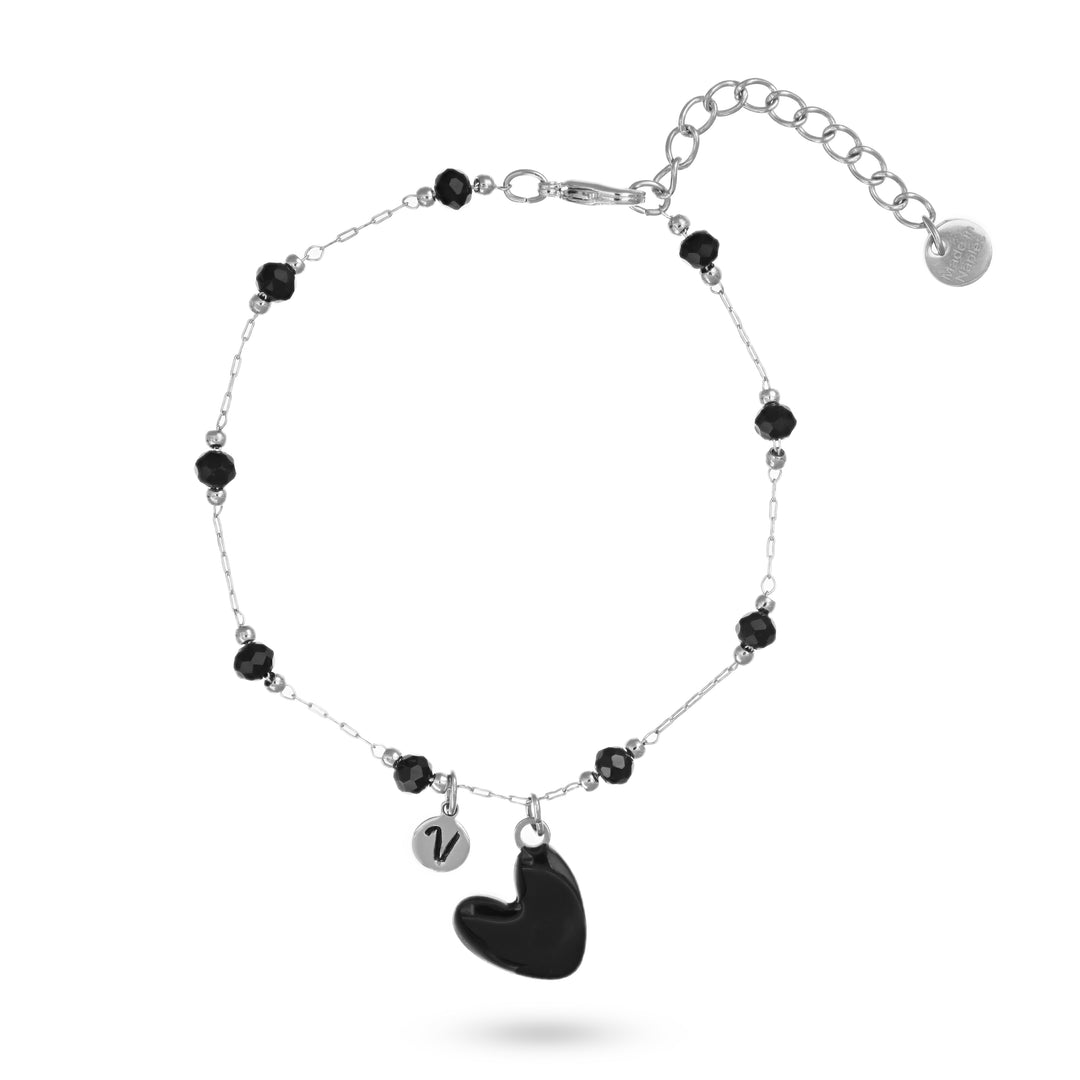 Bracciale cuore nero e iniziale in acciaio